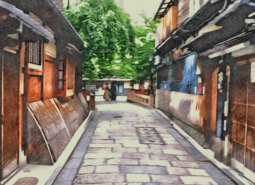 漫步在祇园新桥，时光的旋律在鹅卵石街道上回荡。 